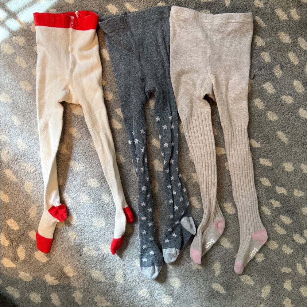 Set of Three mini Boden Tights in cream, gray, and heather gray